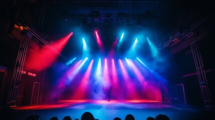 Poster - colorful stage lights create an energetic atmosphere in a theater, casting blue and red beams across