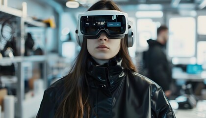 Poster - Woman wearing advanced virtual reality headset, exploring technology in a modern lab environment.