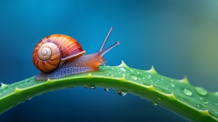 a snail on a freshly rain-washed Aloe Vera leaf, with droplets of water adding a fresh