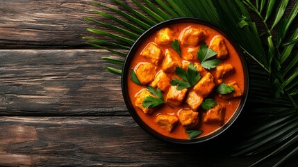 Wall Mural - TopDown View of Spicy Chicken Curry in Black Bowl with Green Palm Leaves on Rustic Wood Background