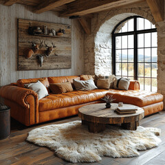 Canvas Print - Rustic living room with a leather sectional sofa and a large window.