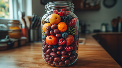 Poster - transparent glass pill-shaped capsule filled with colorful assorted fruits. Symbolizing health, vitality, and the fusion of nature with modern wellness