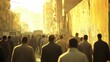 © Elmira - A large group of individuals walks along a bustling street, illuminated by soft golden sunlight, creating a warm and vibrant atmosphere in the urban landscape