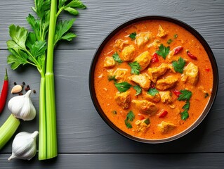 Wall Mural - Overhead View of Chicken Curry in Black Bowl with Celery Garlic and Chili Peppers on Grey Wood Background