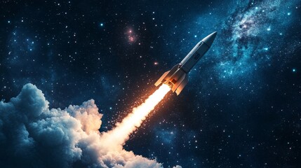 Wall Mural - A rocket soaring into space, leaving trails of smoke against a starry night sky