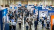 © Elmira - A variety of professionals participate in conversations and networking at a trade show, surrounded by numerous booths showcasing products and services