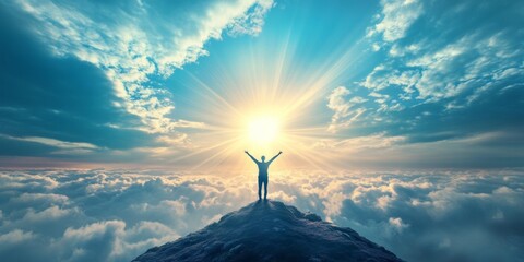 individual celebrating achievement on a mountain peak, arms raised toward sunlight and clouds