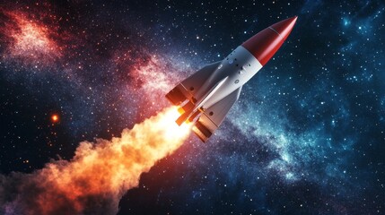 Wall Mural - Rocket launches into deep space with fiery propulsion, exploring galaxies and stars