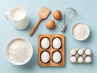 Wall Mural - Flat Lay of Baking Ingredients Flour Eggs Milk and Utensils on Blue Background