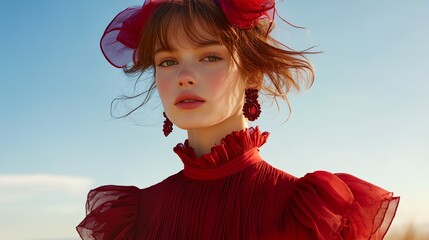 Canvas Print - a woman with a red hat and dress on a sunny day with a blue sky in the background