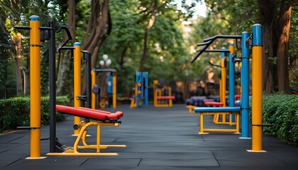 Inclusive outdoor exercise space featuring free gym equipment on a rubberized surface promoting active lifestyles and sports for everyone