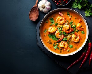 Wall Mural - Overhead View of Spicy Shrimp Curry in Bowl on Black Background with Chili Peppers and Herbs