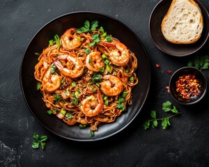 Wall Mural - Overhead View of Spicy Shrimp Noodles with Sesame Seeds and Cilantro on Black Background