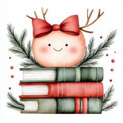 A cute, festive illustration featuring a smiling character atop a stack of colorful books, surrounded by holiday greenery.