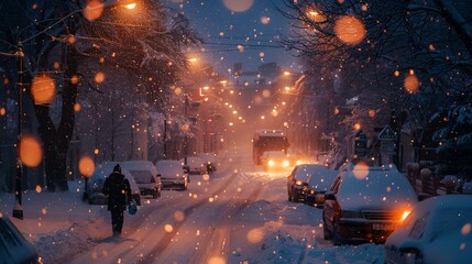 Poster - a person walking down a snowy street at night