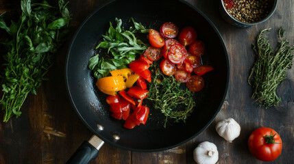 Fresh ingredients ready to be cooked in a frying pan.