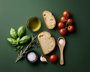 Flatlay of Fresh Ingredients for Bruschetta on a Green Background Oil Bread Tomatoes Garlic Basil Salt Peppercorns