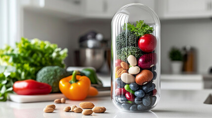 Poster - transparent glass pill-shaped capsule filled with colorful assorted fruits. Symbolizing health, vitality, and the fusion of nature with modern wellness