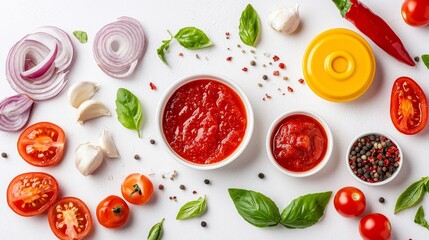 Overhead Flatlay of Tomato Sauce with Herbs Spices and Vegetables on White Background