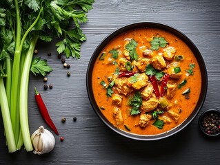 Wall Mural - Spicy Chicken Curry with Celery Chili Pepper Top View on Black Background