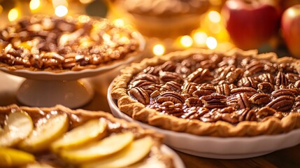 A colorful close-up of Thanksgiving desserts: pumpkin pie, pecan pie and apple tart, arranged on a wooden table with a glowing golden backdrop