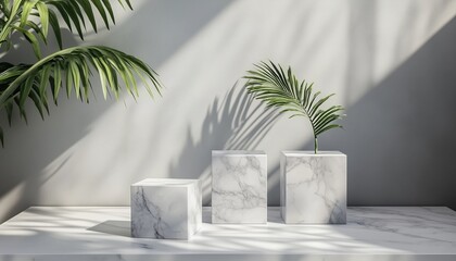 Poster - Modern Showcase: Three Marble Cube Podium With Palm Leaf Displaying Cosmetic Goods Against White Board And Grey Wall In Sunlight.