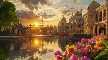 Sunset casting a warm glow over a spacious plaza with ornate architecture and vibrant spring colors, reflecting in the surrounding water features