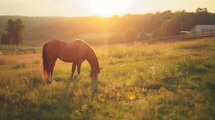 Tan Amish horse grazing in a field bathed in the warm glow of golden hour, with rural Wisconsin scenery in the background