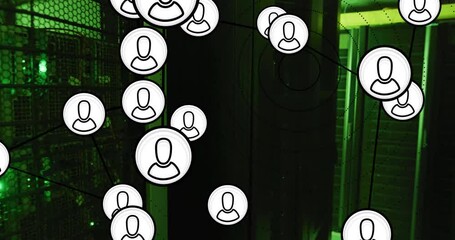 Poster - Animation of network of people icons and digital data processing over computer servers