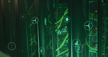 Poster - animation of eco icons and digital data processing over computer servers