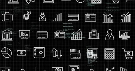 Poster - animation of business icons financial data processing over black background