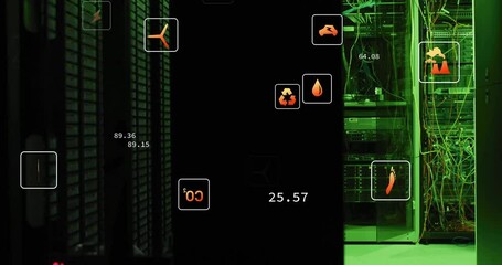 Poster - animation of eco icons and digital data processing over computer servers
