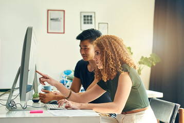 Poster - Business people, computer and collaboration for project, research and mentorship with feedback. Web development, pc and teamwork for coding, programming and information technology in office with help