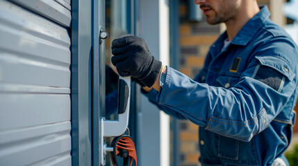 A man in a blue coverall and black gloves opening a door with a key