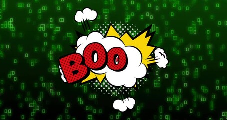 Poster - Animation of boom text over retro vibrant pattern and binary coding background