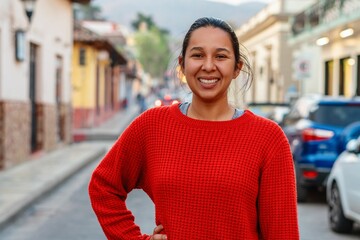 woman smiling while wearing a red dress in street, exuding happiness and confidence