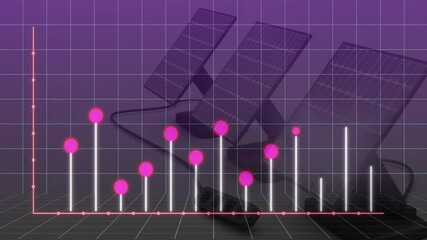 Poster - Solar panels and data chart animation with pink dots on purple grid background
