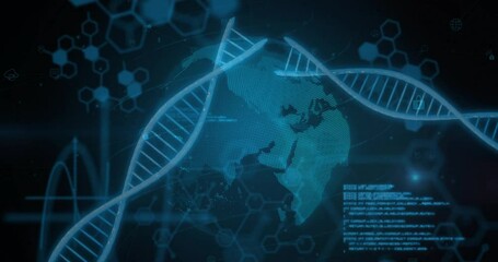 Poster - Animation of scientific data processing over globe and dna strands on dark background