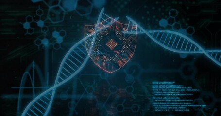 Poster - Animation of scientific data processing over dna strands on dark background