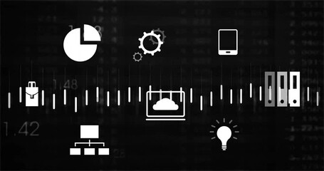 Poster - animation of business icons financial data processing over black background