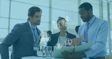 Poster - Animation of people icons over diverse business people in office