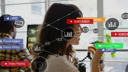 Poster - Animation of network of connections with text and cons over caucasian businesswoman using phone