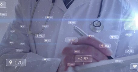 Poster - animation of media icons over caucasian male doctor writing
