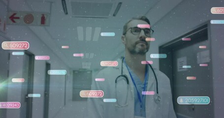 Poster - Animation of media icons over caucasian male doctor walking