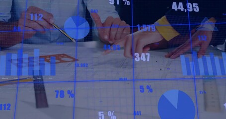Poster - Animation of financial data processing over diverse business people in office