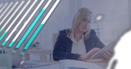 Poster - Animation of financial data processing over caucasian businesswoman using tablet in office