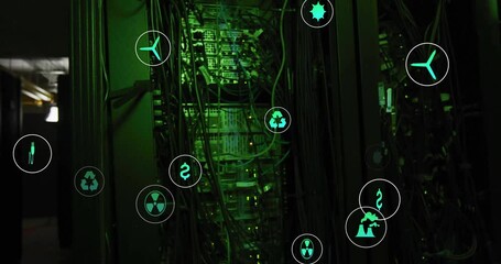 Poster - animation of eco icons and digital data processing over computer servers