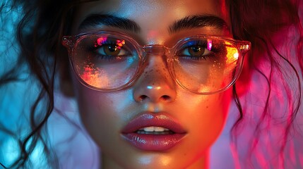 Close-up portrait of a young woman with glasses, with colorful lighting reflecting in the glasses.