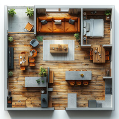 Sticker - Top-down view of a modern apartment with wood floors.