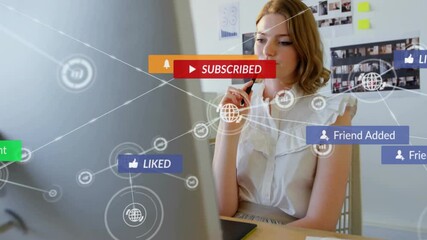 Poster - Animation of network of connections with icons over caucasian businesswoman using smartphone